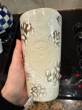 Starbucks Cream Decorative Ceramic Tumbler with Gold Botanical Accents